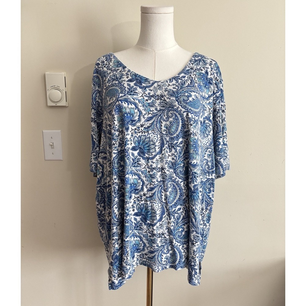 J Jill Plus Size 3X Pima Slub Elbow Sleeve Top White Blue Yellow Floral Boho